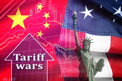 Image of Tariff wars. Statue of Liberty, national flags of America and China, graph and arrow. Double exposure