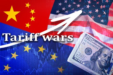 Image of Tariff wars. Flags of America, China and European Union, graph, dollars and arrow. Double exposure