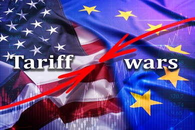 Image of Tariff wars. Flags of America and European Union, graph and arrows. Double exposure