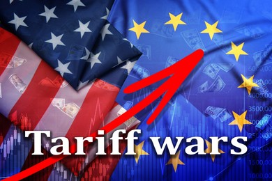 Image of Tariff wars. Flags of America and European Union, falling dollars, graph and arrow. Double exposure