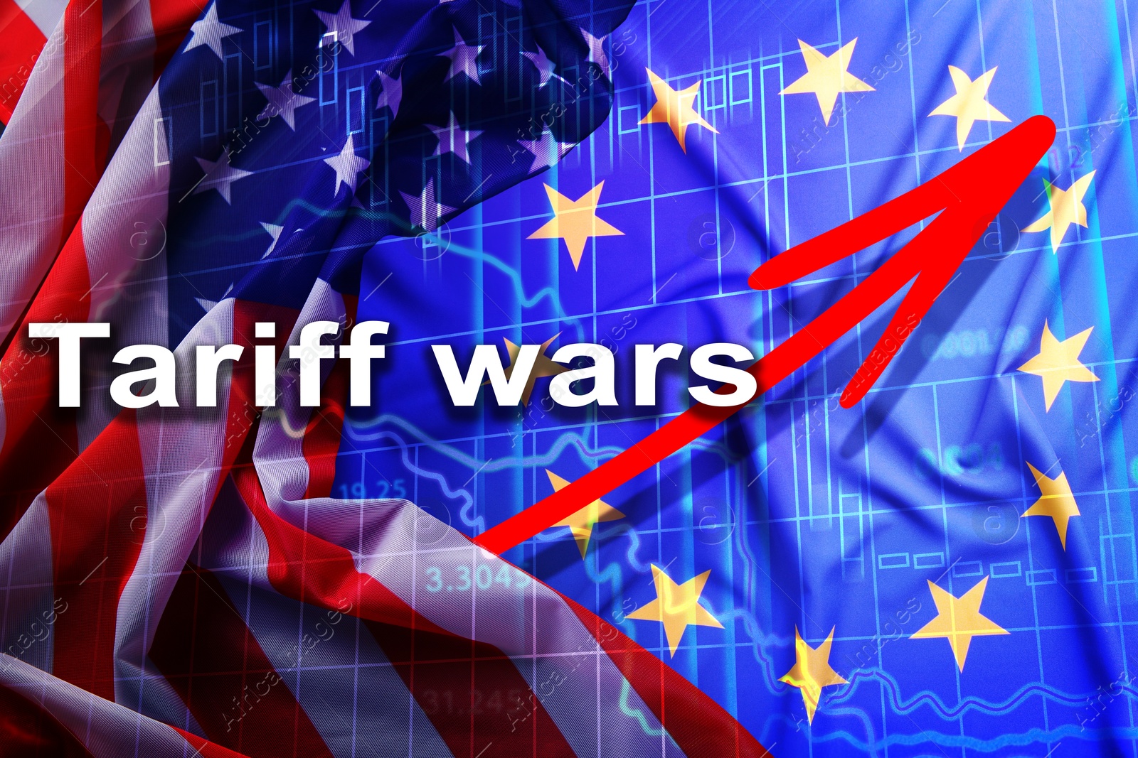 Tariff wars. Flags of America and European Union, graph and arrow. Double exposure Image of Tariff wars. Flags of America and European Union, graph and arrow. Double exposure