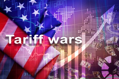 Image of Tariff wars. National flag of America, world map, graph, falling dollars, arrow. Double exposure