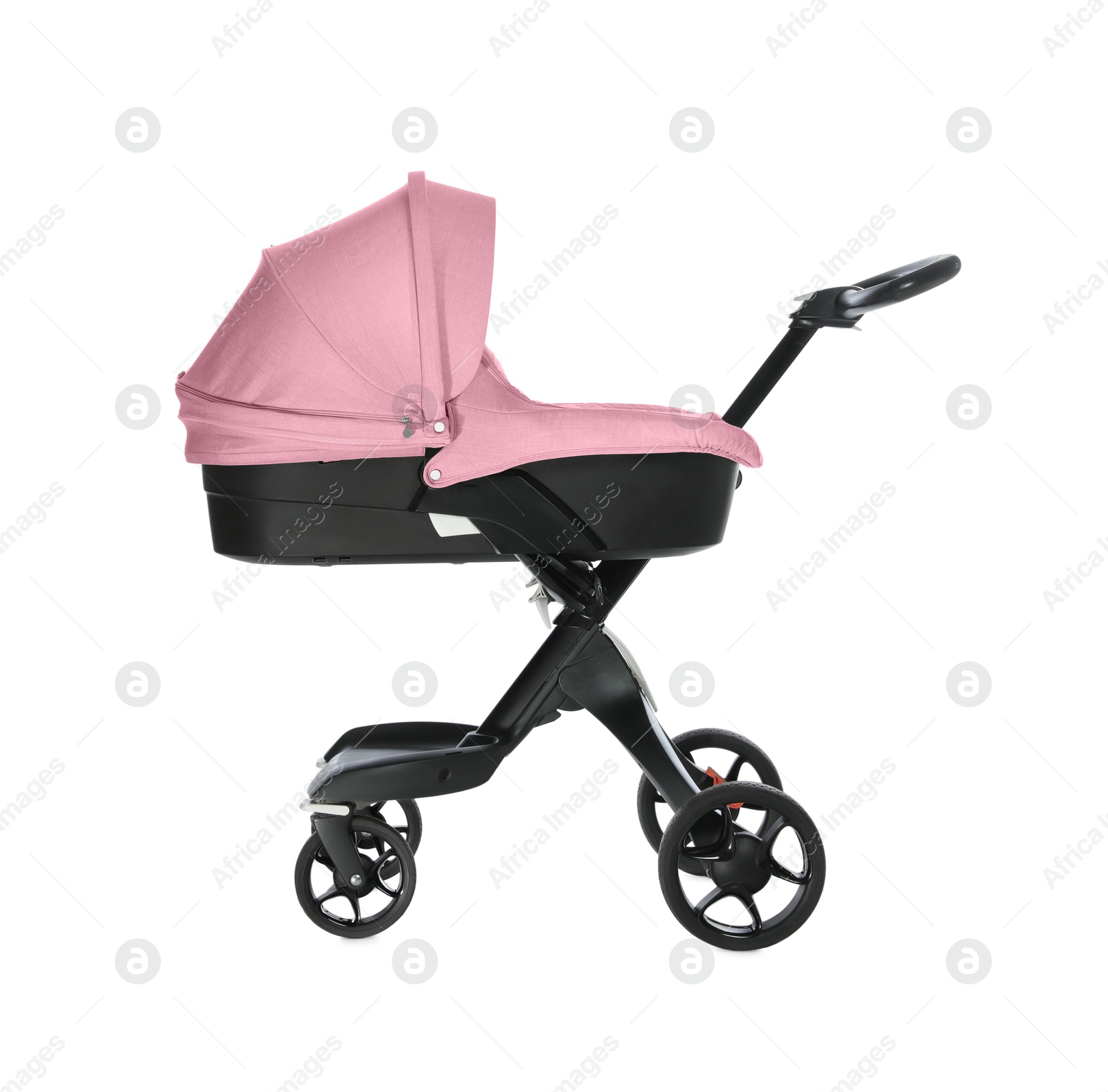 Baby carriage. Modern pram with pink canopy isolated on white Image of Baby carriage. Modern pram with pink canopy isolated on white