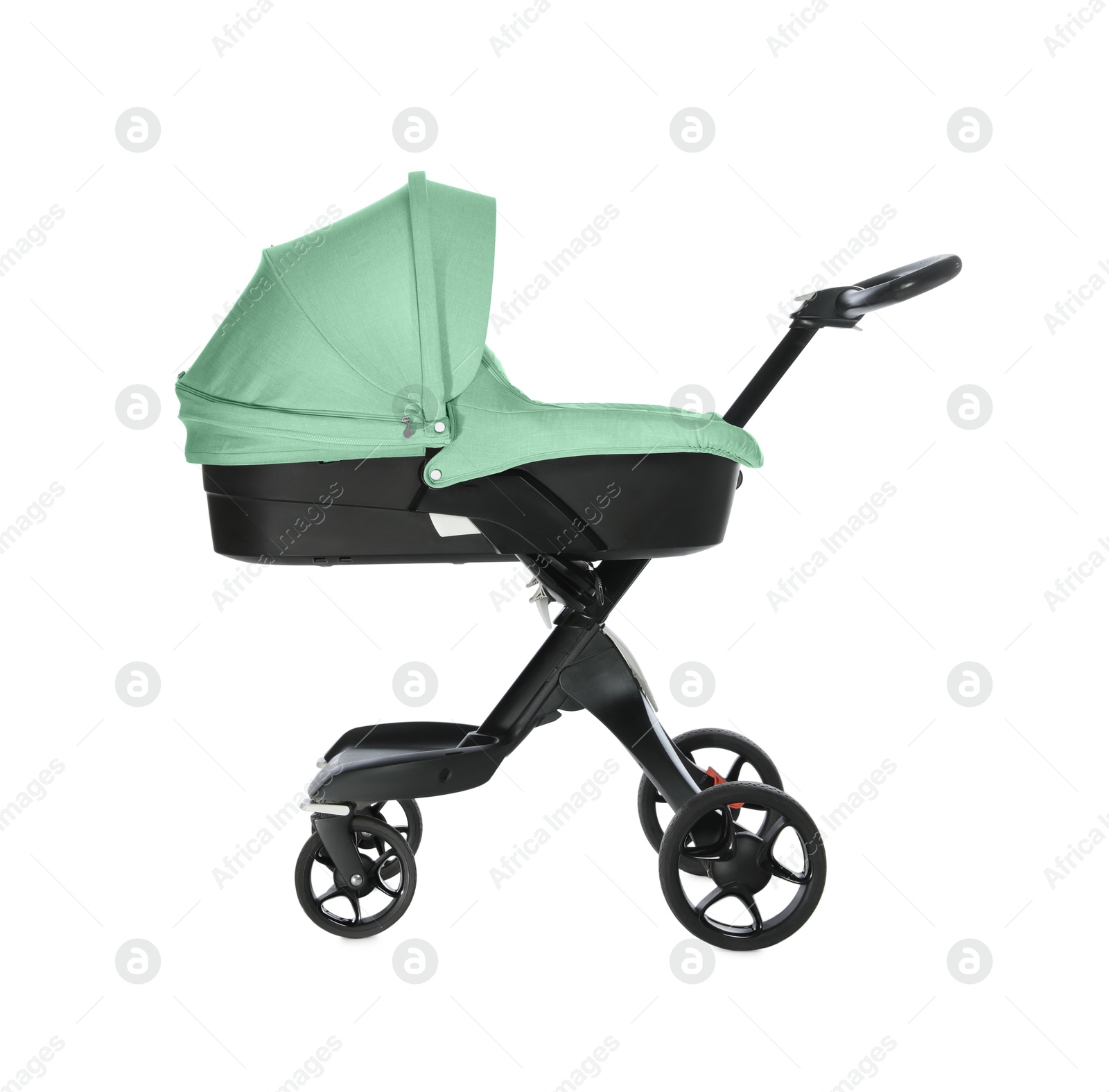Baby carriage. Modern pram with aquamarine color canopy isolated on white Image of Baby carriage. Modern pram with aquamarine color canopy isolated on white
