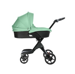 Image of Baby carriage. Modern pram with aquamarine color canopy isolated on white