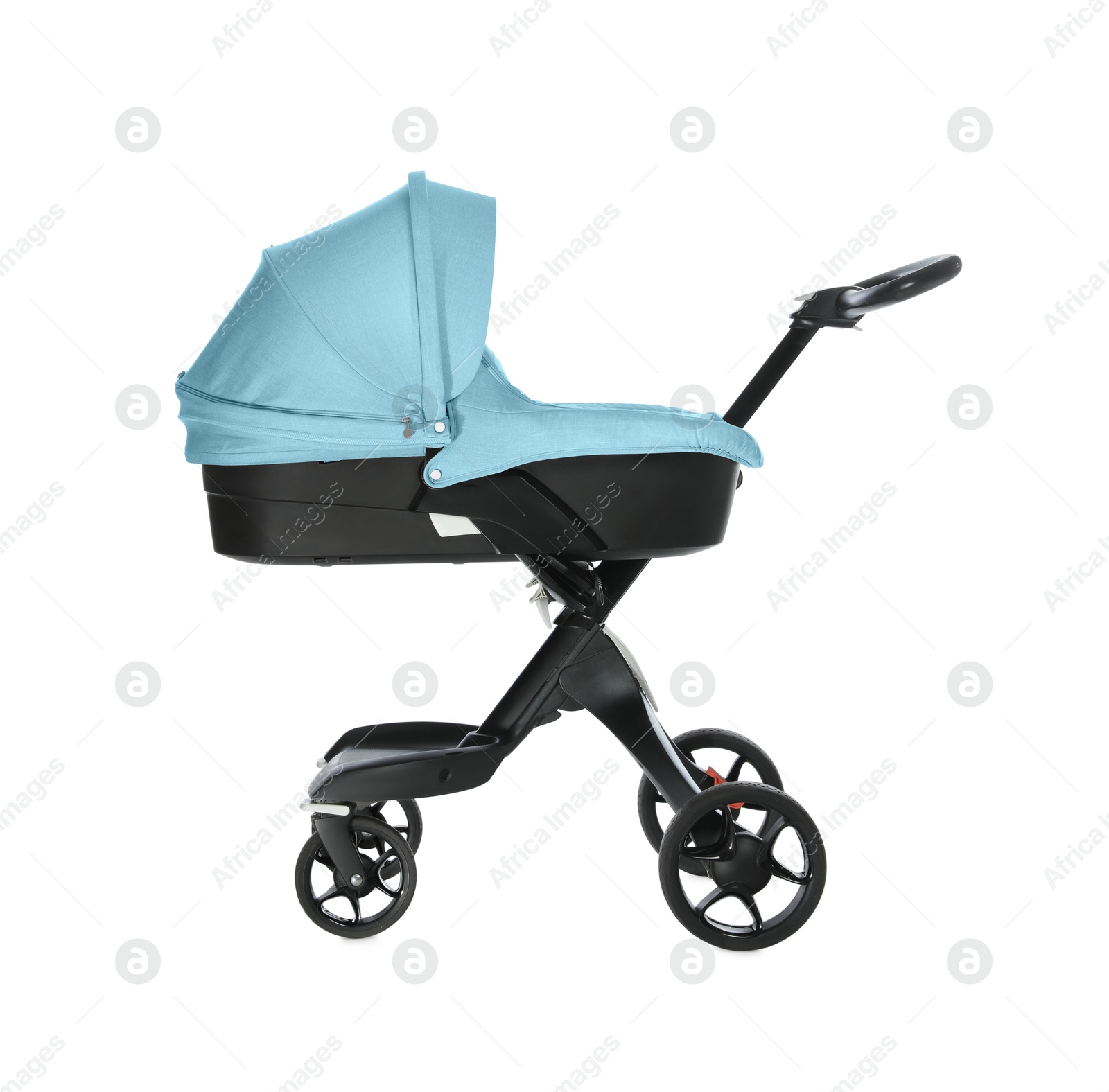 Baby carriage. Modern pram with light blue canopy isolated on white Image of Baby carriage. Modern pram with light blue canopy isolated on white