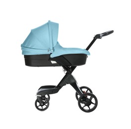 Image of Baby carriage. Modern pram with light blue canopy isolated on white