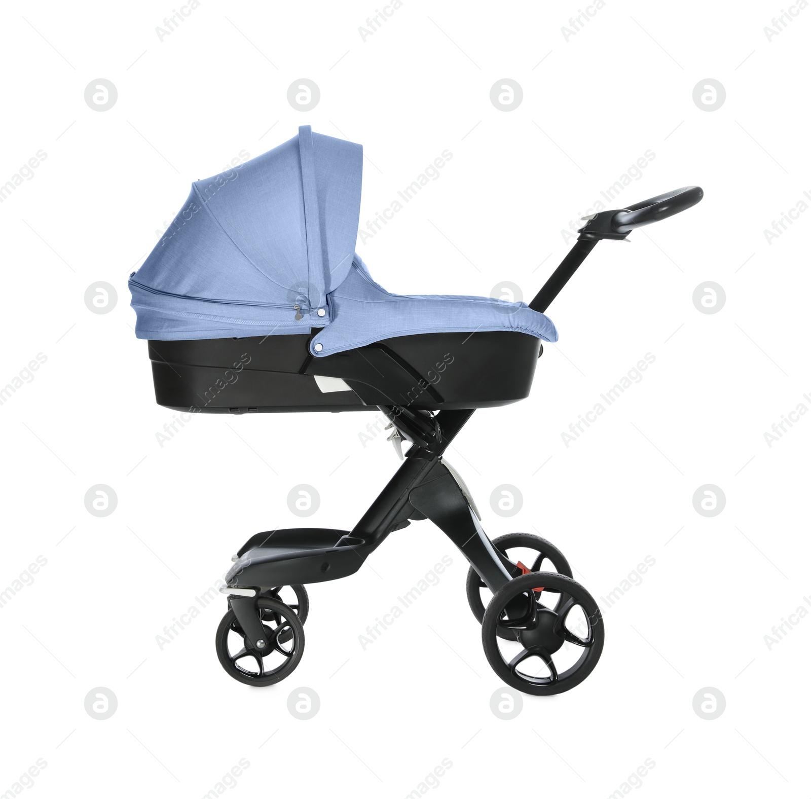 Image of Baby carriage. Modern pram with pale blue canopy isolated on white