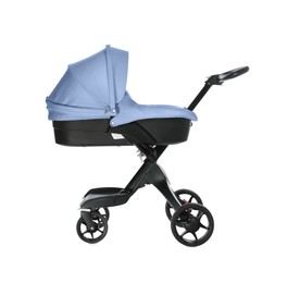 Image of Baby carriage. Modern pram with pale blue canopy isolated on white