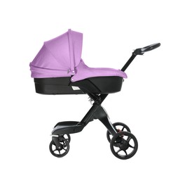 Image of Baby carriage. Modern pram with violet canopy isolated on white