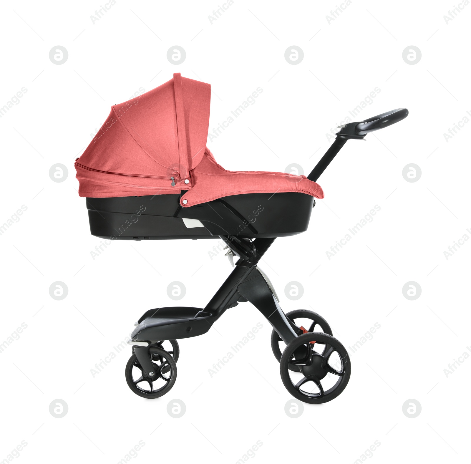 Baby carriage. Modern pram with red canopy isolated on white Image of Baby carriage. Modern pram with red canopy isolated on white