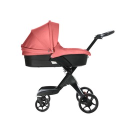 Image of Baby carriage. Modern pram with red canopy isolated on white