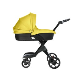 Image of Baby carriage. Modern pram with yellow canopy isolated on white