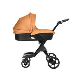 Image of Baby carriage. Modern pram with orange canopy isolated on white