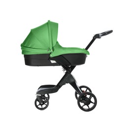 Image of Baby carriage. Modern pram with green canopy isolated on white