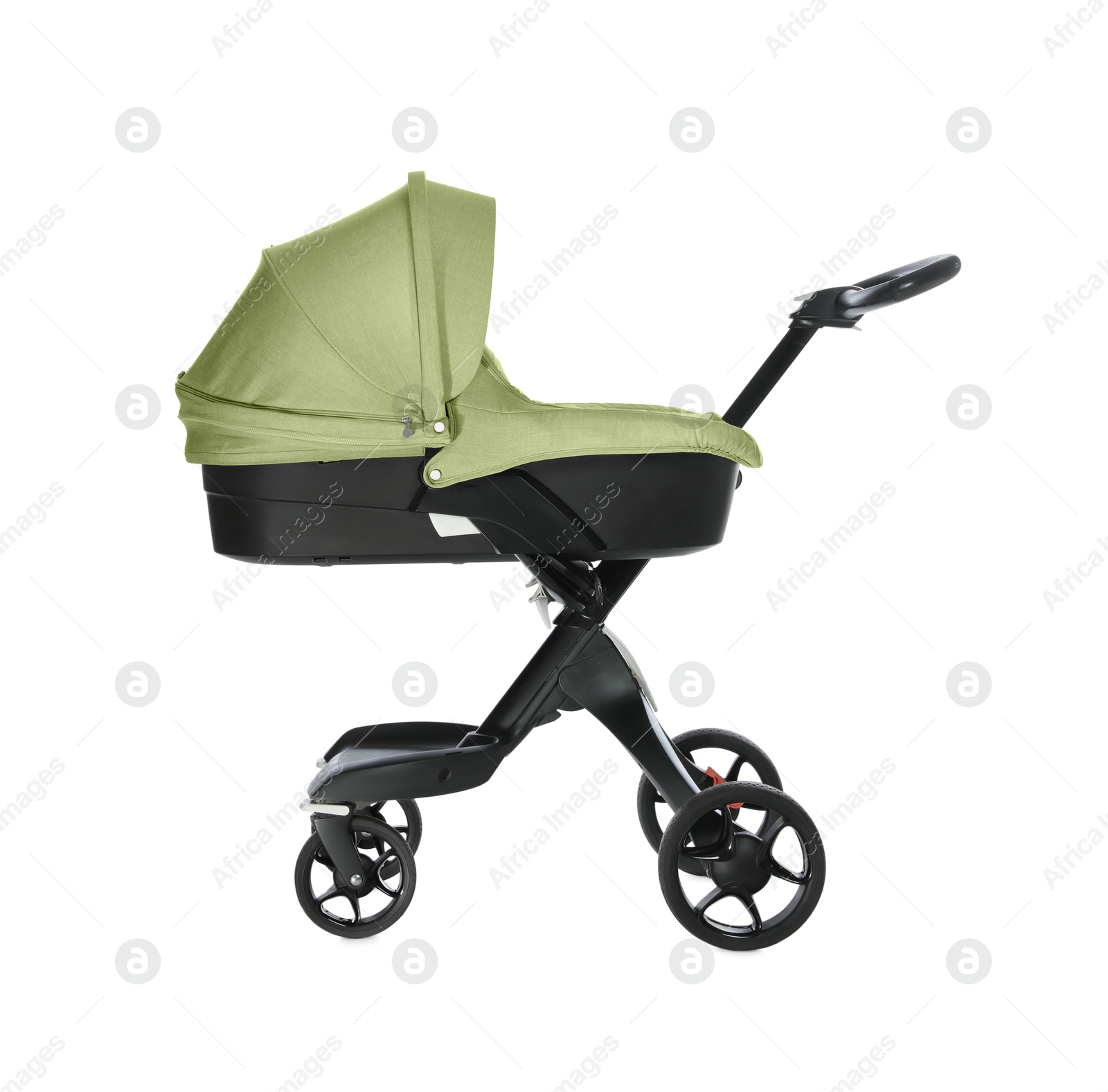 Baby carriage. Modern pram with olive color canopy isolated on white Image of Baby carriage. Modern pram with olive color canopy isolated on white