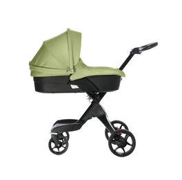 Image of Baby carriage. Modern pram with olive color canopy isolated on white