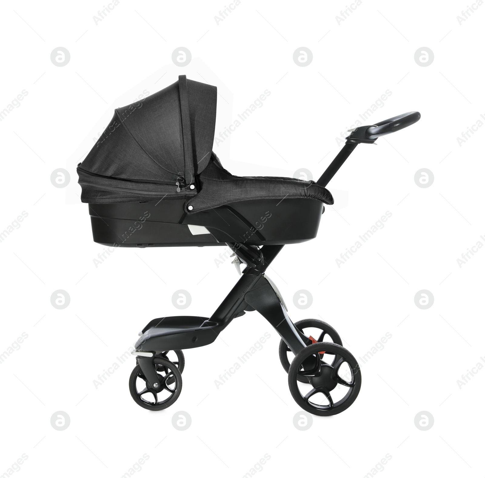 Baby carriage. Modern pram with black canopy isolated on white Image of Baby carriage. Modern pram with black canopy isolated on white