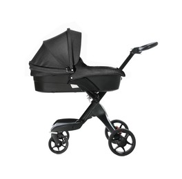Image of Baby carriage. Modern pram with black canopy isolated on white