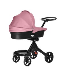 Image of Baby carriage. Modern pram with pink canopy isolated on white