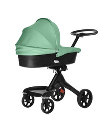 Image of Baby carriage. Modern pram with aquamarine color canopy isolated on white