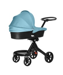 Image of Baby carriage. Modern pram with light blue canopy isolated on white