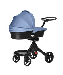 Image of Baby carriage. Modern pram with pale blue canopy isolated on white