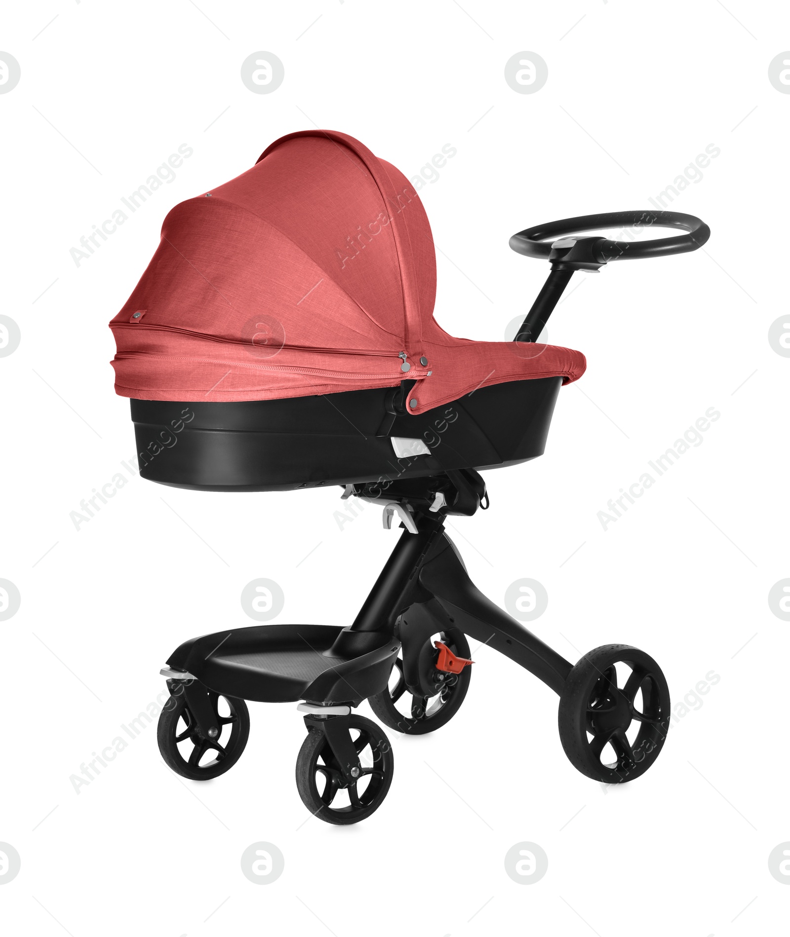 Baby carriage. Modern pram with red canopy isolated on white Image of Baby carriage. Modern pram with red canopy isolated on white