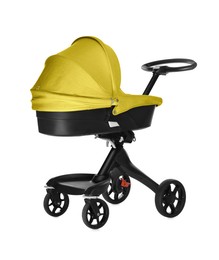 Image of Baby carriage. Modern pram with yellow canopy isolated on white