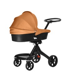 Image of Baby carriage. Modern pram with orange canopy isolated on white