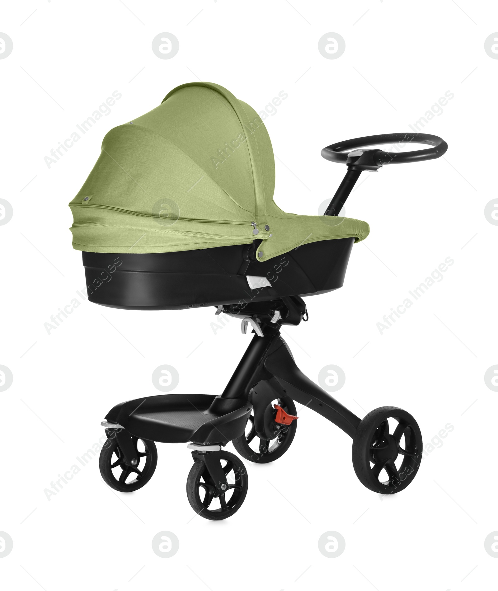 Baby carriage. Modern pram with olive color canopy isolated on white Image of Baby carriage. Modern pram with olive color canopy isolated on white