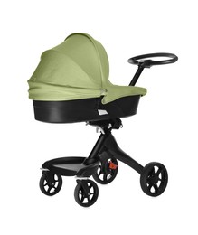 Image of Baby carriage. Modern pram with olive color canopy isolated on white