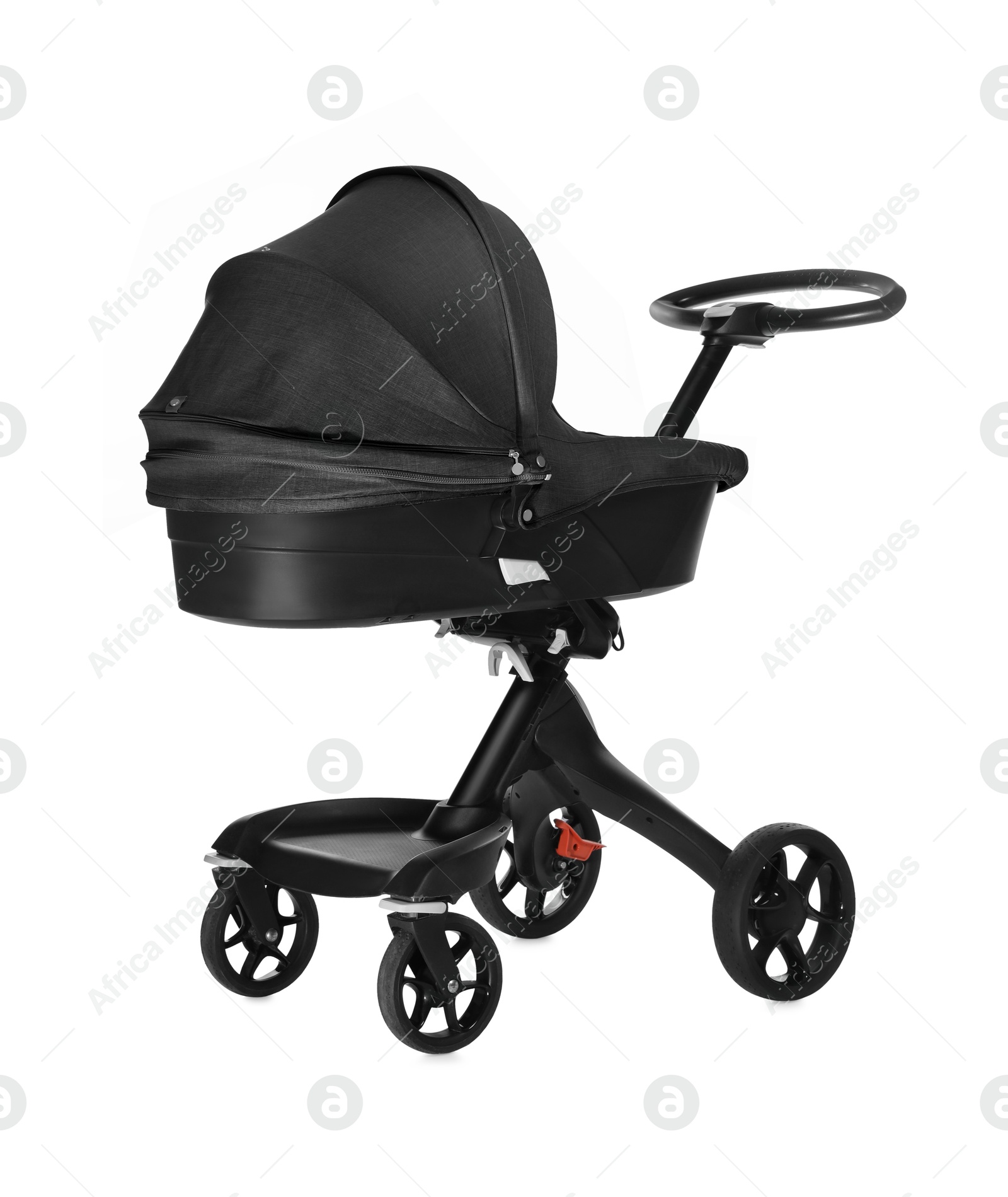 Baby carriage. Modern pram with black canopy isolated on white Image of Baby carriage. Modern pram with black canopy isolated on white