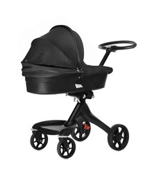 Image of Baby carriage. Modern pram with black canopy isolated on white