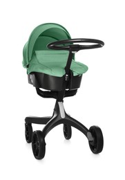 Image of Baby carriage. Modern pram with aquamarine color canopy isolated on white