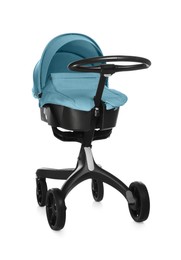 Image of Baby carriage. Modern pram with light blue canopy isolated on white