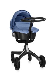 Image of Baby carriage. Modern pram with pale blue canopy isolated on white