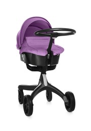 Image of Baby carriage. Modern pram with violet canopy isolated on white