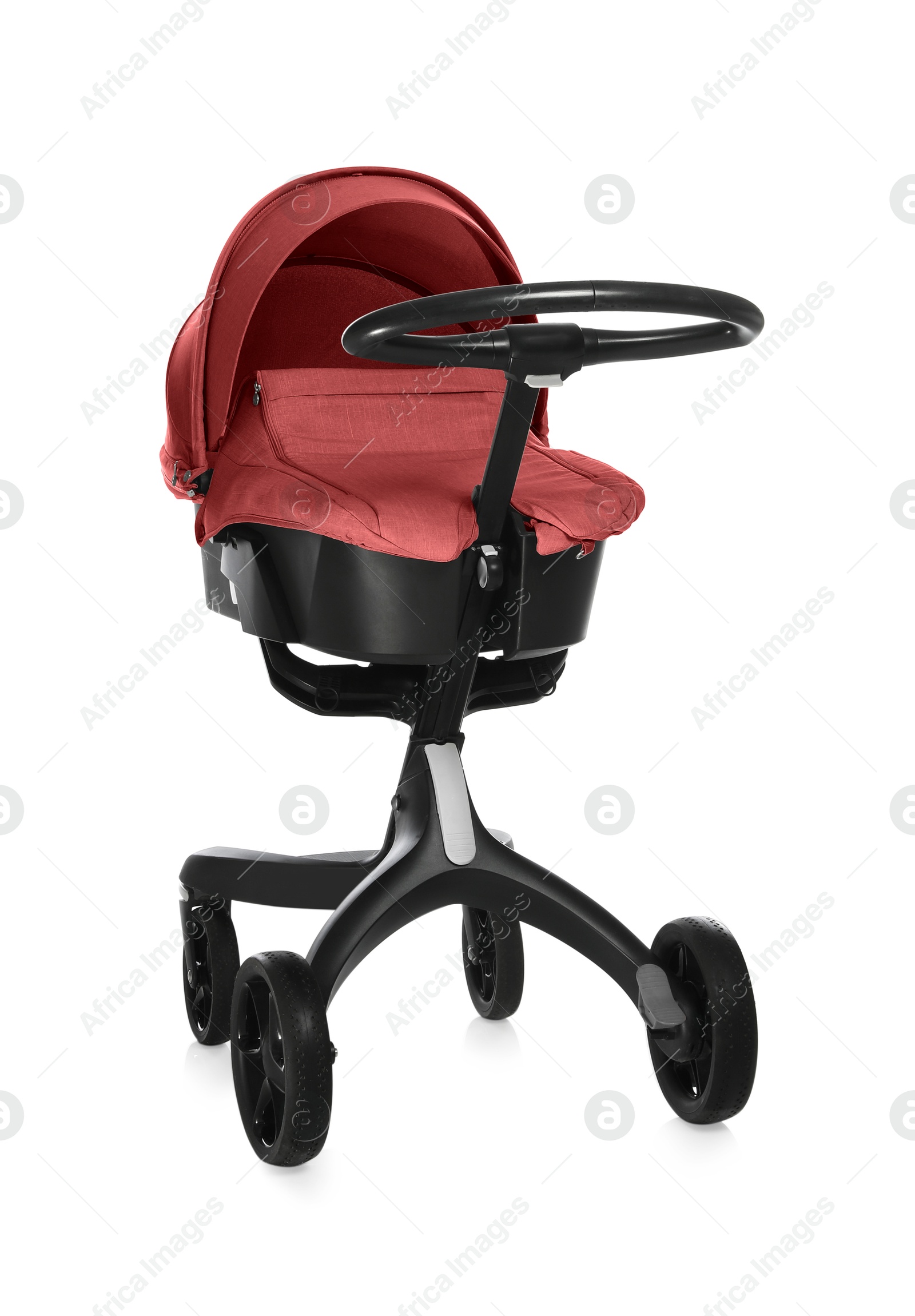 Baby carriage. Modern pram with red canopy isolated on white Image of Baby carriage. Modern pram with red canopy isolated on white