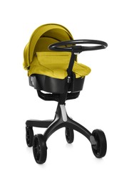 Image of Baby carriage. Modern pram with yellow canopy isolated on white