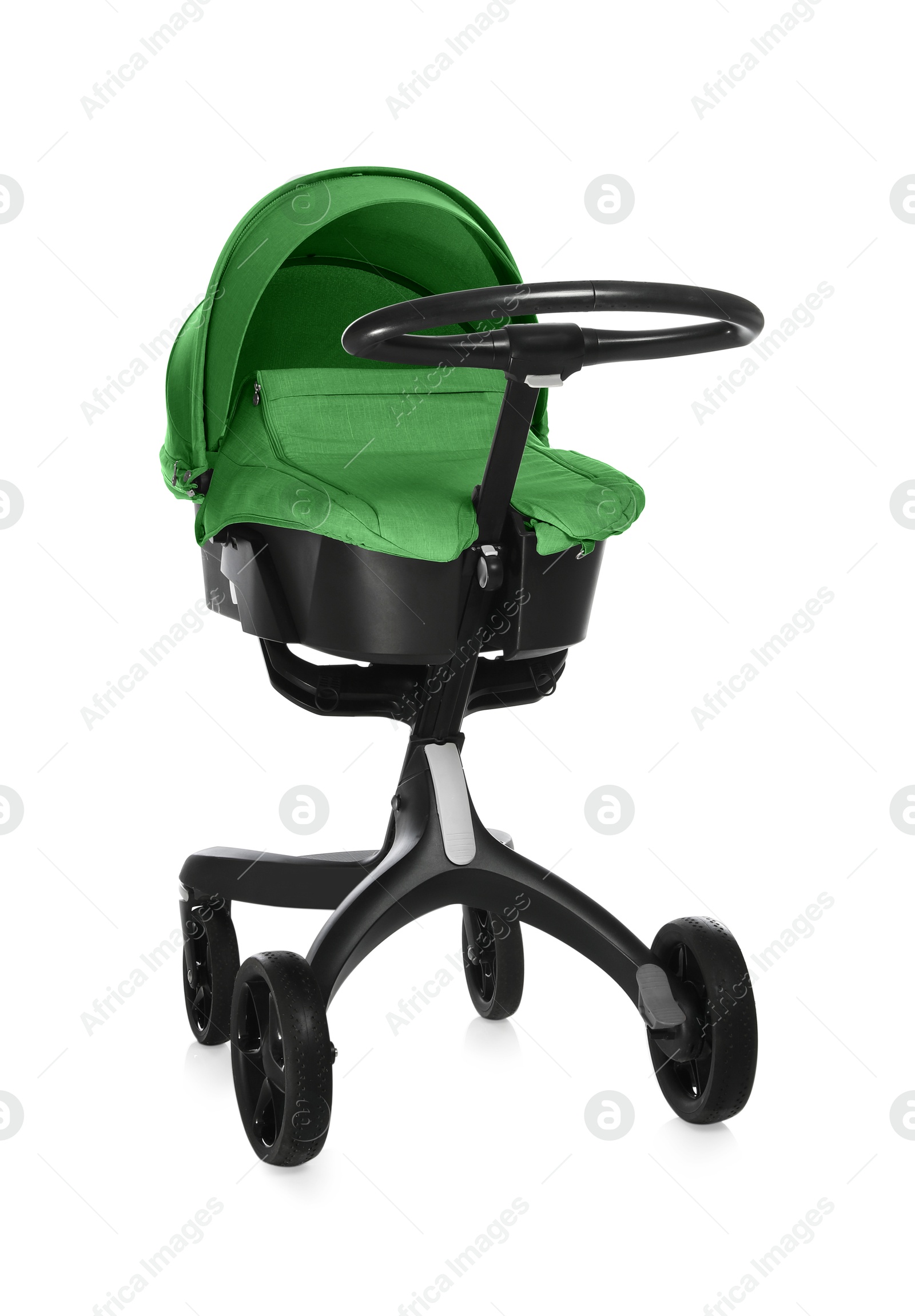 Baby carriage. Modern pram with green canopy isolated on white Image of Baby carriage. Modern pram with green canopy isolated on white