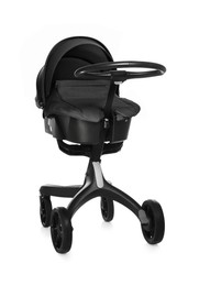 Image of Baby carriage. Modern pram with black canopy isolated on white
