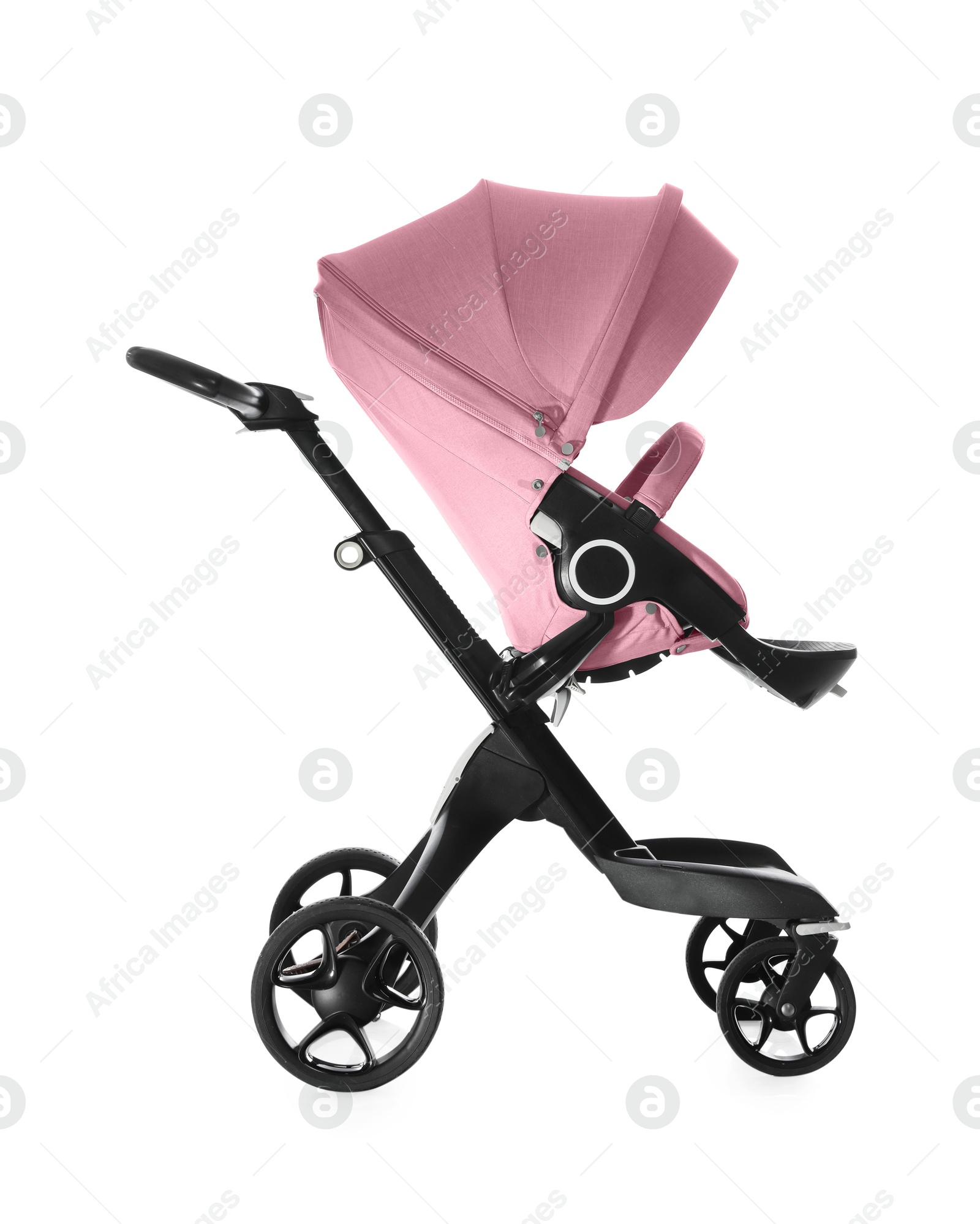 Baby carriage. Modern pram with pink canopy isolated on white Image of Baby carriage. Modern pram with pink canopy isolated on white