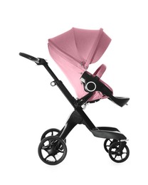 Image of Baby carriage. Modern pram with pink canopy isolated on white
