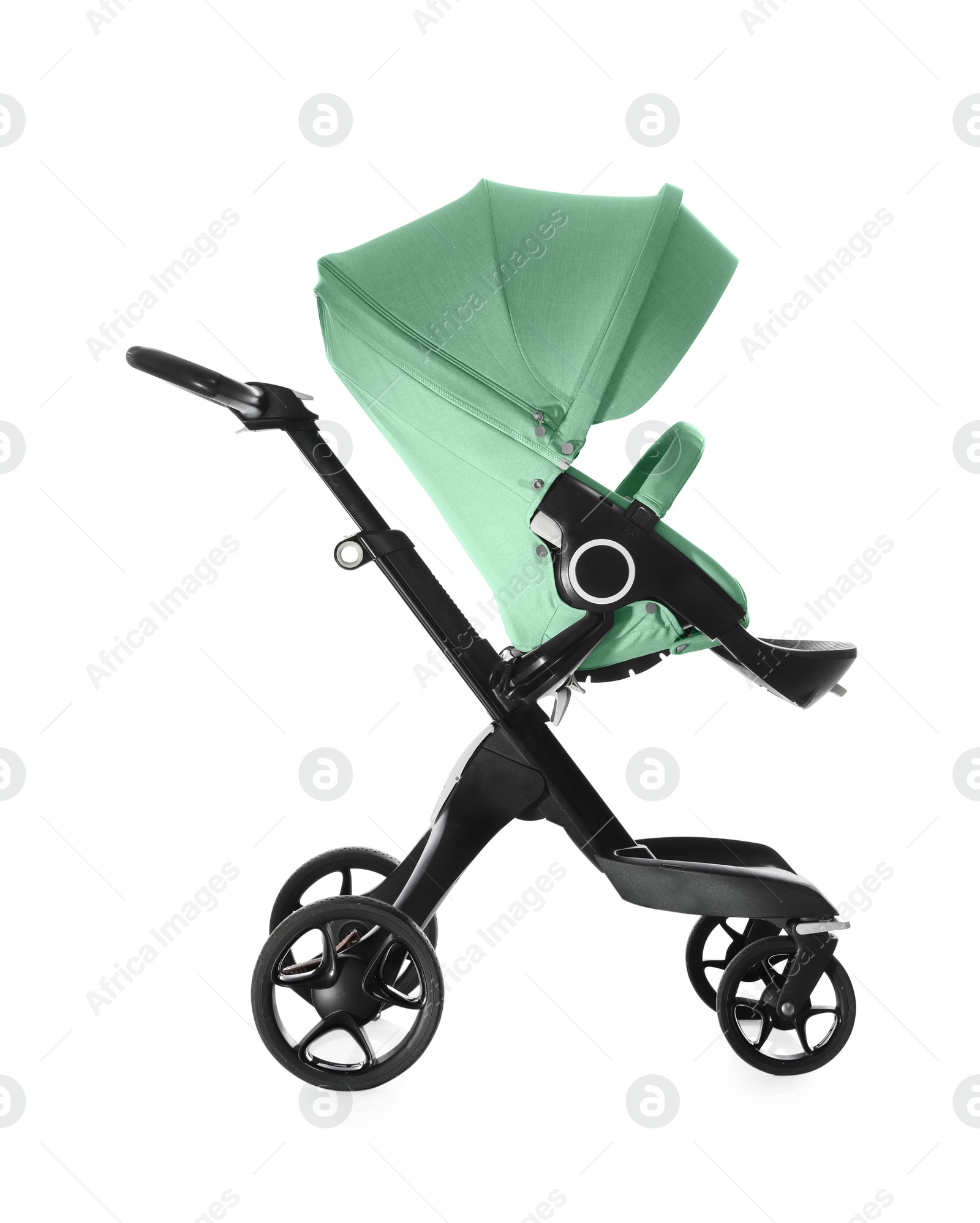 Baby carriage. Modern pram with aquamarine color canopy isolated on white Image of Baby carriage. Modern pram with aquamarine color canopy isolated on white