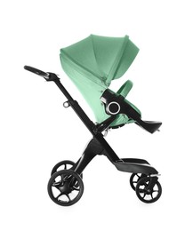 Image of Baby carriage. Modern pram with aquamarine color canopy isolated on white