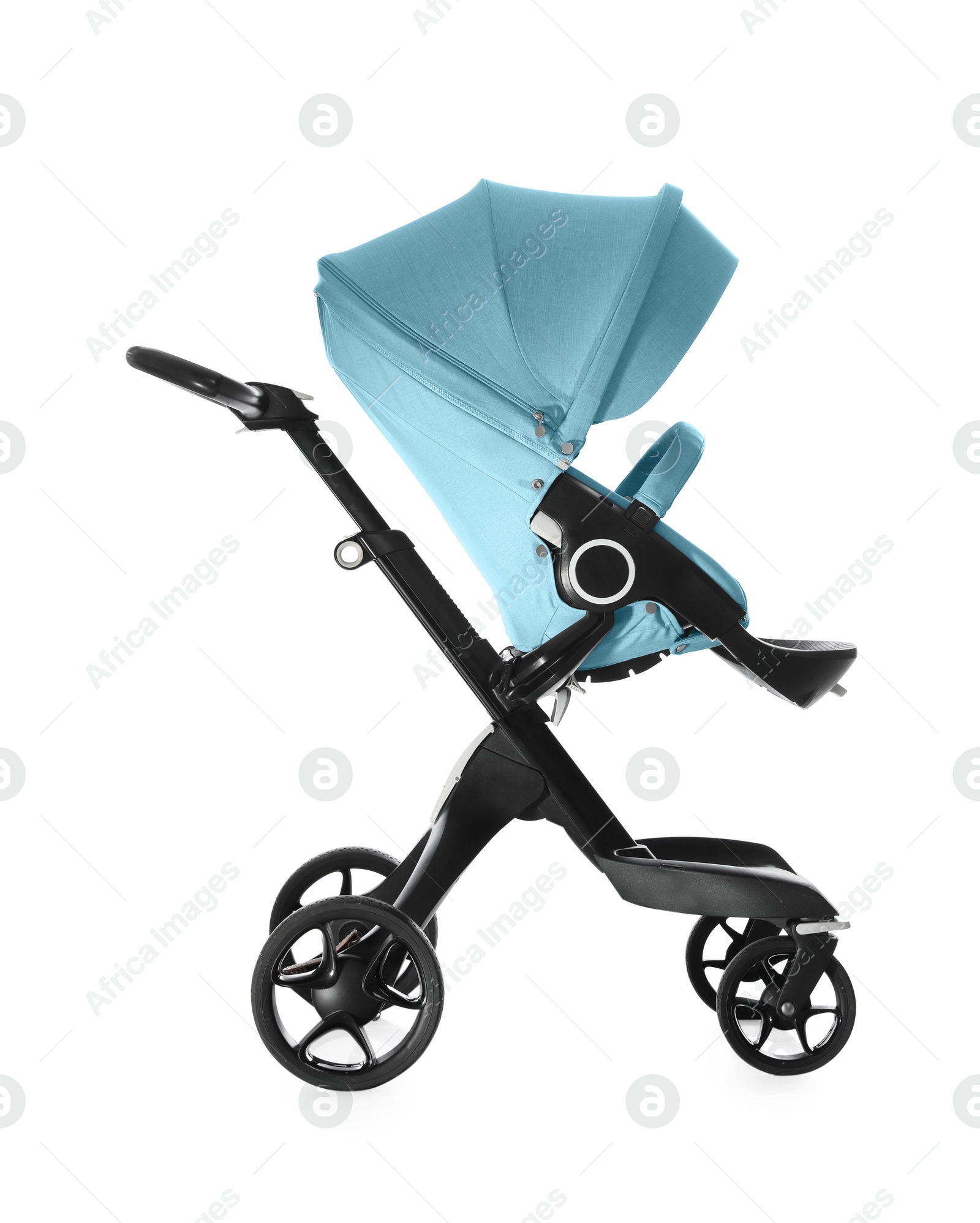 Baby carriage. Modern pram with light blue canopy isolated on white Image of Baby carriage. Modern pram with light blue canopy isolated on white
