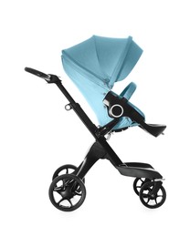 Image of Baby carriage. Modern pram with light blue canopy isolated on white