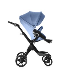 Image of Baby carriage. Modern pram with pale blue canopy isolated on white