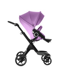 Image of Baby carriage. Modern pram with violet canopy isolated on white